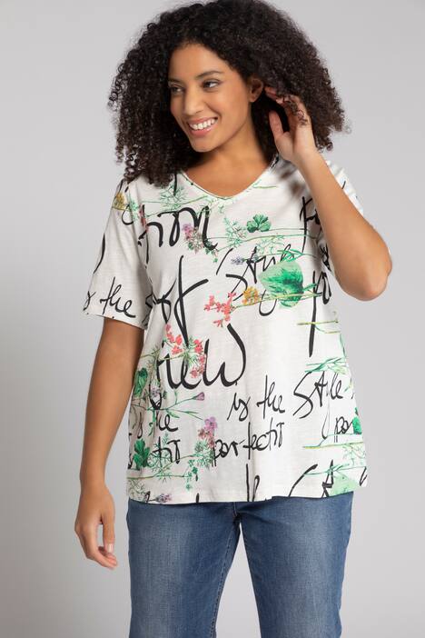 T-Shirt, Schrift, Blüten, Classic, offenkantig, Halbarm