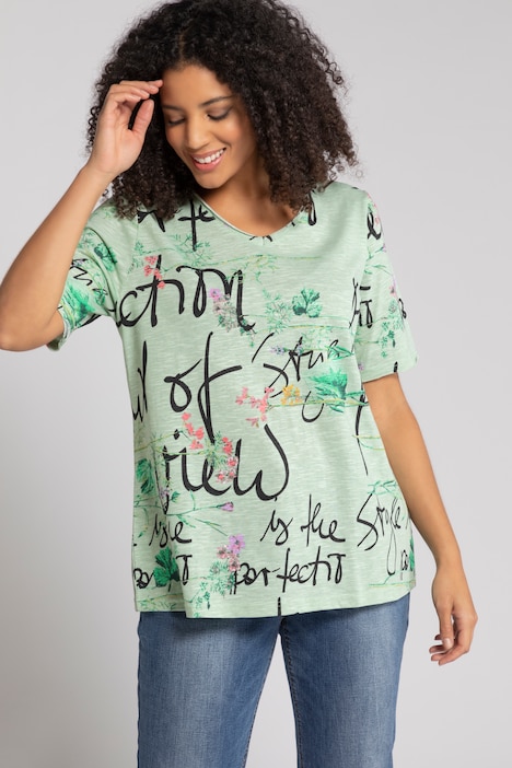 T-shirt, calligraphie, imprimé floral, Classic, bords francs, manches courtes