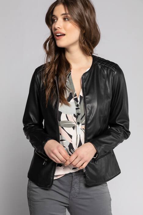 vegane Bikerjacke, Steppnähte, Rundhals, Metallic-Zipper