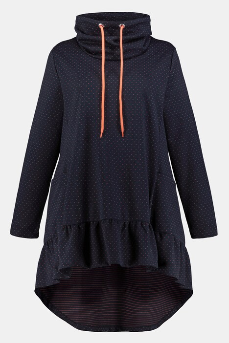 Longsweater mit Volantsaum, Punkte, drapierter Kragen, Langarm