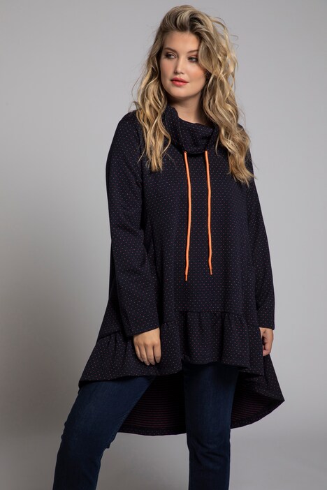 Longsweater mit Volantsaum, Punkte, drapierter Kragen, Langarm