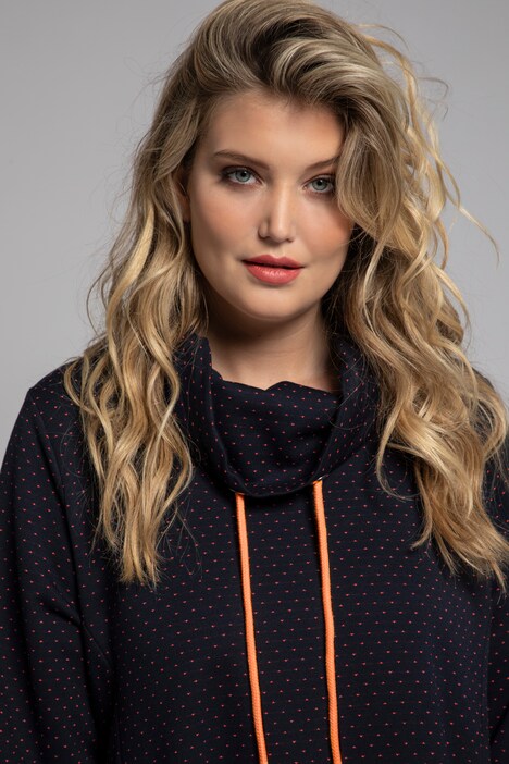 Longsweater mit Volantsaum, Punkte, drapierter Kragen, Langarm