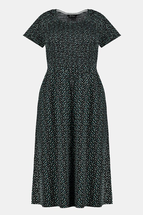 Robe midi, pois, buste smocké, ligne A, manches courtes