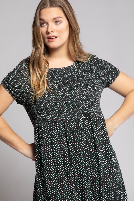 Robe midi, pois, buste smocké, ligne A, manches courtes