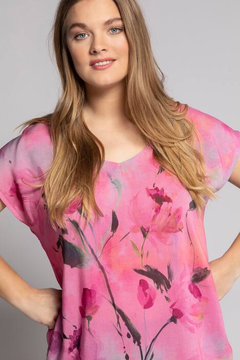 Shirtbluse, Blüten, Oversized, V-Ausschnitt, ärmellos