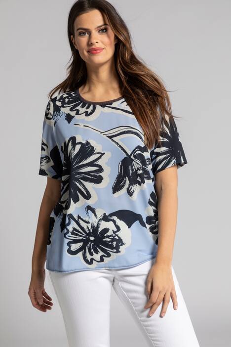 Mixed Fabric Brushstroke Floral Crepe Top