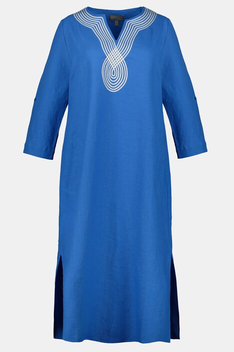 Kleid, Leinen, bestickter Tunika-Ausschnitt, 3/4-Ärmel