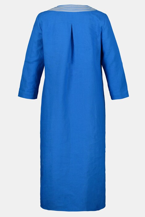 Kleid, Leinen, bestickter Tunika-Ausschnitt, 3/4-Ärmel