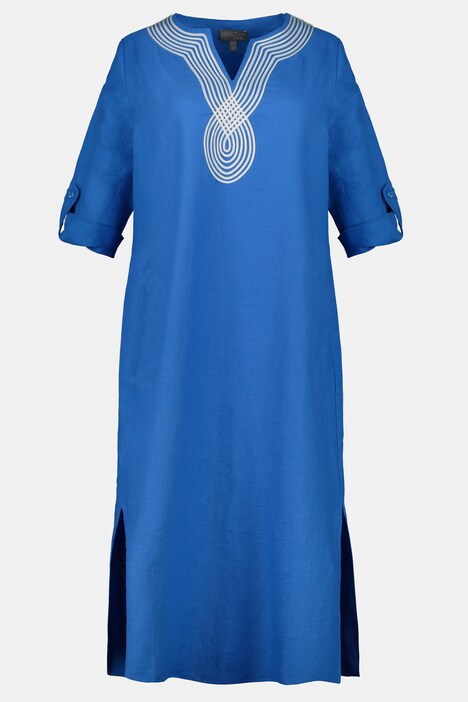 Kleid, Leinen, bestickter Tunika-Ausschnitt, 3/4-Ärmel