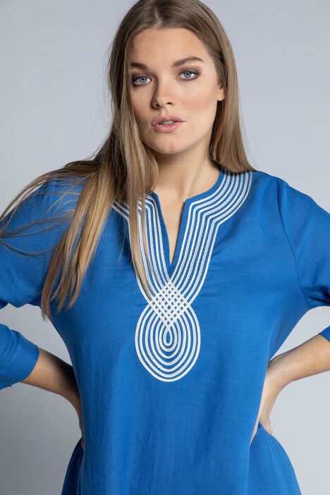 Kleid, Leinen, bestickter Tunika-Ausschnitt, 3/4-Ärmel
