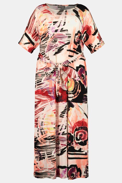 Abstract Floral Round Neck Slinky Stretch Knit Dress