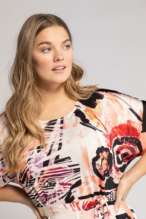 Abstract Floral Round Neck Slinky Stretch Knit Dress