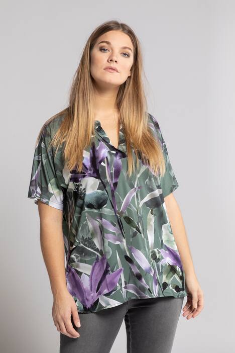 Slinkyshirt, Tunika-Ausschnitt, Halbarm, Aquarell-Blüten