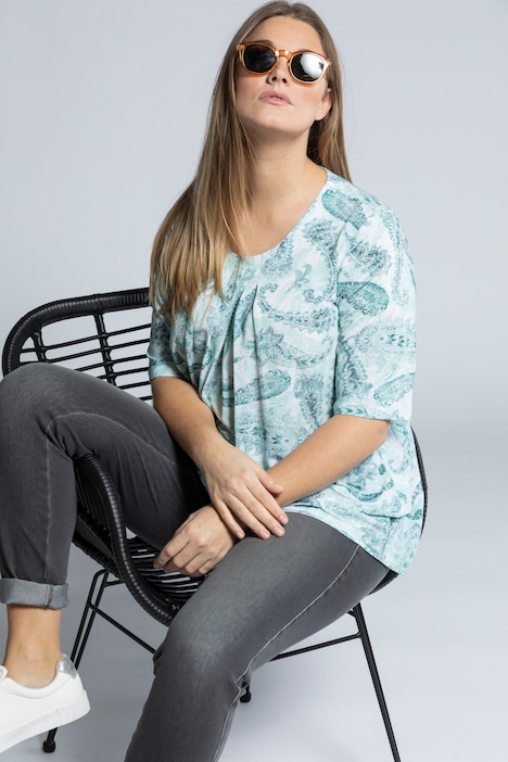 Paisley Print A-line Fit Slinky Stretch Knit Top