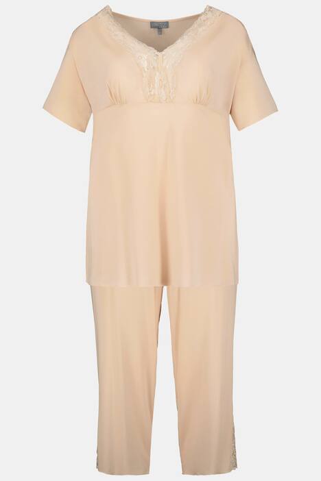 Pyjama, Spitze, V-Ausschnitt, Halbarm, 3/4-Länge