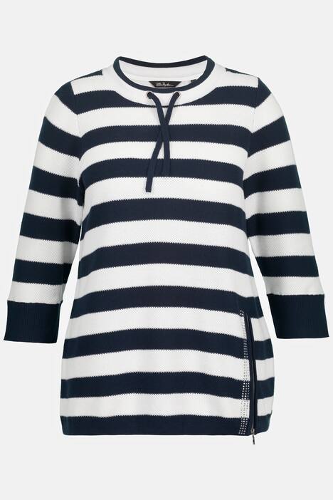 Zipper Accent Round Neck Stripe Cotton Sweater