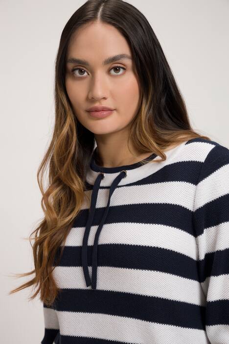 Zipper Accent Round Neck Stripe Cotton Sweater
