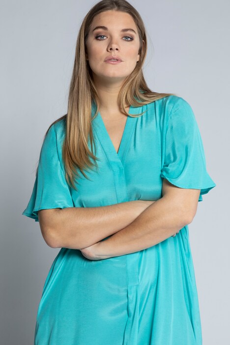 Kleid, V-Ausschnitt, Halbarm, Saumschlitz, Rüsche