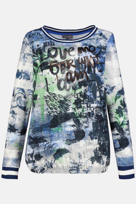 Shirt, Aquarell-Print, Ziersteine, Rundhals, Langarm