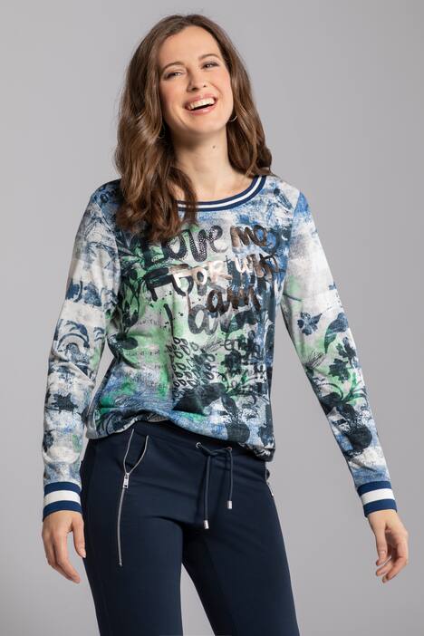 Shirt, Aquarell-Print, Ziersteine, Rundhals, Langarm