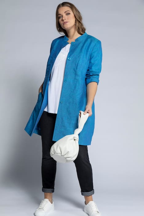 Two Tone Button Front Long Linen Jacket