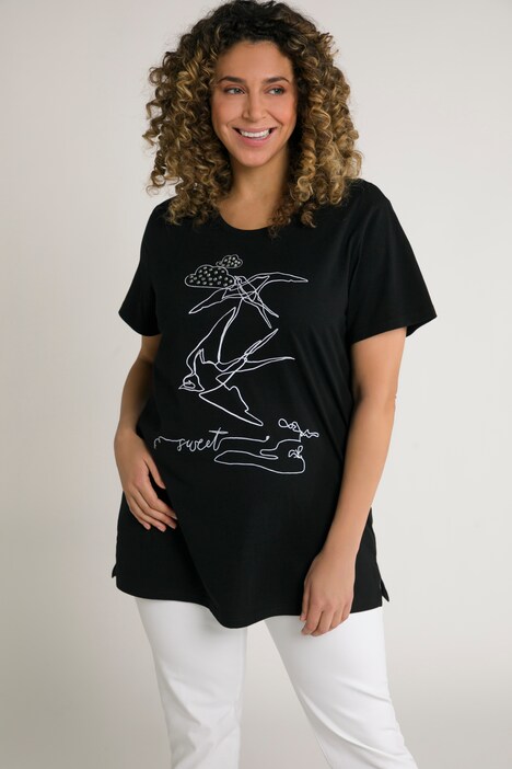 T-Shirt, Vögel, Relaxed, Glitzersteine, Rundhals, Halbarm, Biobaumwolle