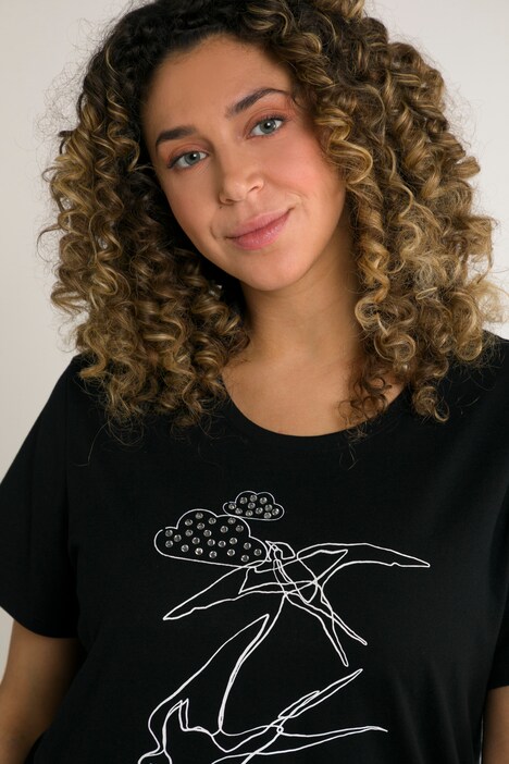T-Shirt, Vögel, Relaxed, Glitzersteine, Rundhals, Halbarm, Biobaumwolle