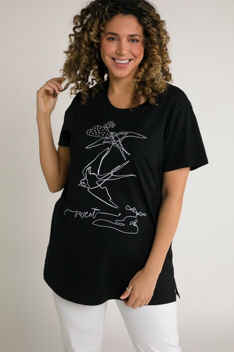 T-Shirt, Vögel, Relaxed, Glitzersteine, Rundhals, Halbarm, Biobaumwolle