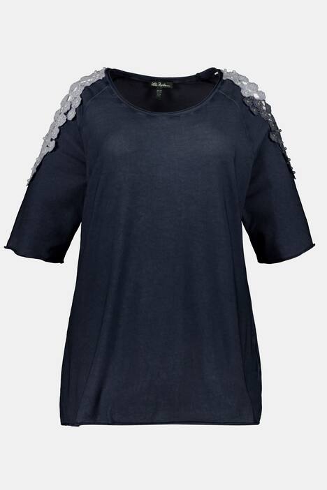 T-Shirt, Spitze, Perlen, Schulterschlitze, Halbarm