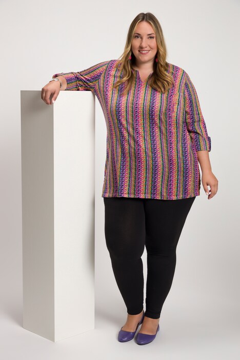 Plum Tones Stripe Faux Roll Sleeve Knit Tunic