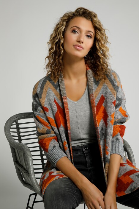 Strickjacke, Zackenmuster, lange, offene Form
