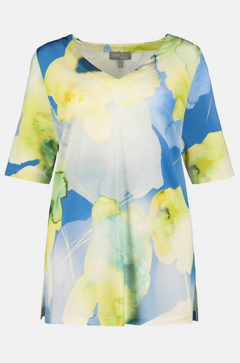 Slinkyshirt, V-Ausschnitt, Halbarm, Aquarell-Blüten