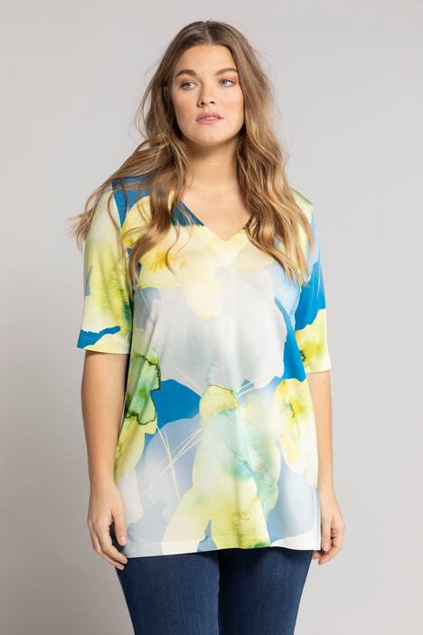 Slinkyshirt, V-Ausschnitt, Halbarm, Aquarell-Blüten