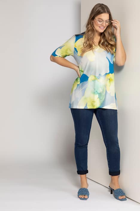 Slinkyshirt, V-Ausschnitt, Halbarm, Aquarell-Blüten