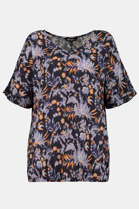 Bluse, Blüten, V-Ausschnitt, Gummisaum, Halbarm