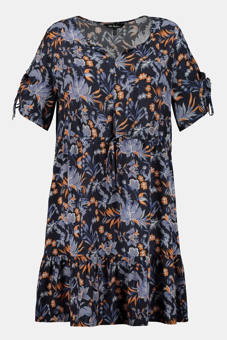 Kleid, Blütenmuster, Volantsaum, geraffter Halbarm