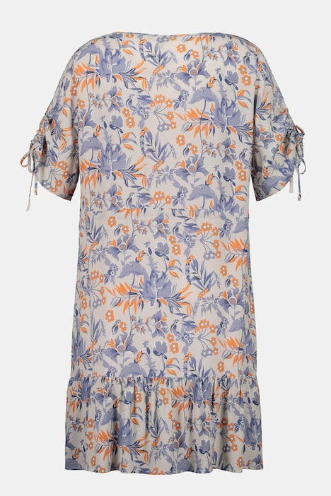 Kleid, Blütenmuster, Volantsaum, geraffter Halbarm