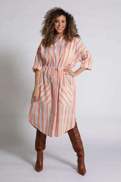 Hemdblusenkleid, Streifenmix, Oversized, Halbarm, Band