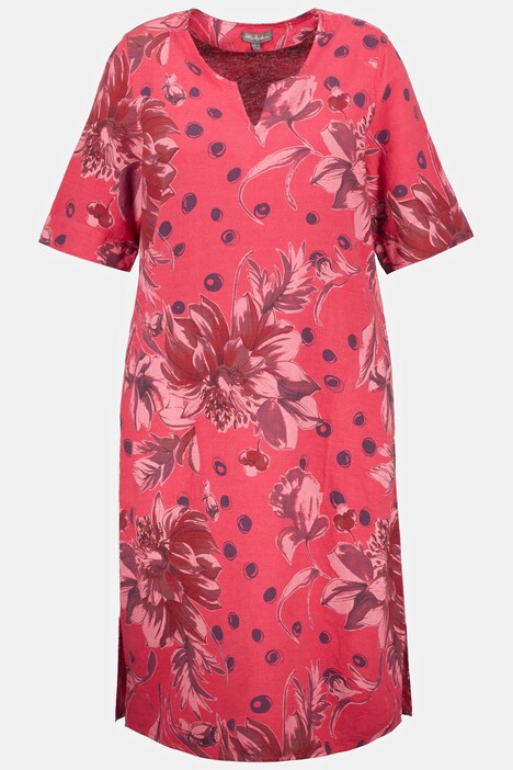 Kleid, Blüten, Tunika-Ausschnitt, Halbarm, Leinenmix
