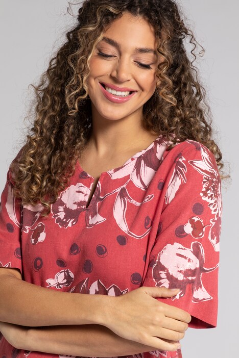 Kleid, Blüten, Tunika-Ausschnitt, Halbarm, Leinenmix
