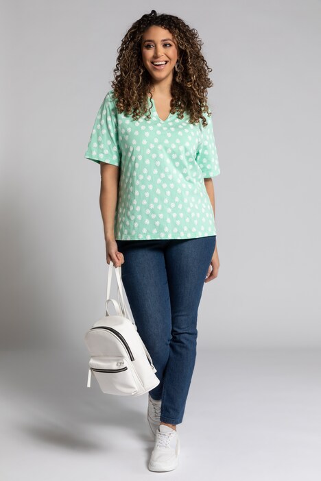 T-Shirt, Blattmuster, Tunika-Ausschnitt, Halbarm