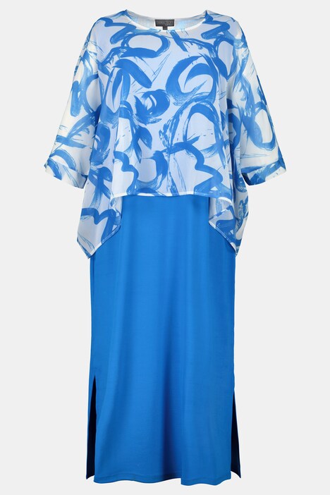 Brushstroke Chiffon Overlay Slinky Stretch Knit Dress