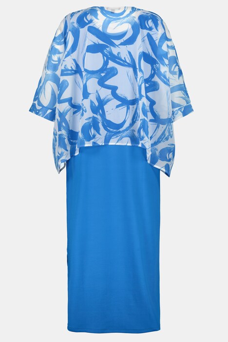 Brushstroke Chiffon Overlay Slinky Stretch Knit Dress