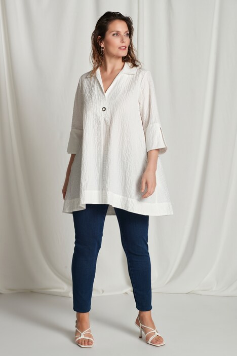 Tunique, col chemise, ligne A, oeillets, manches 3/4