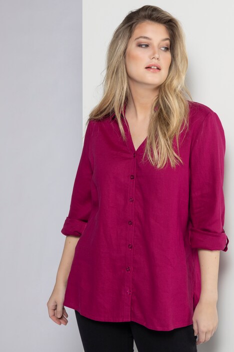 Bluse, Leinen, offener Kragen, Langarm