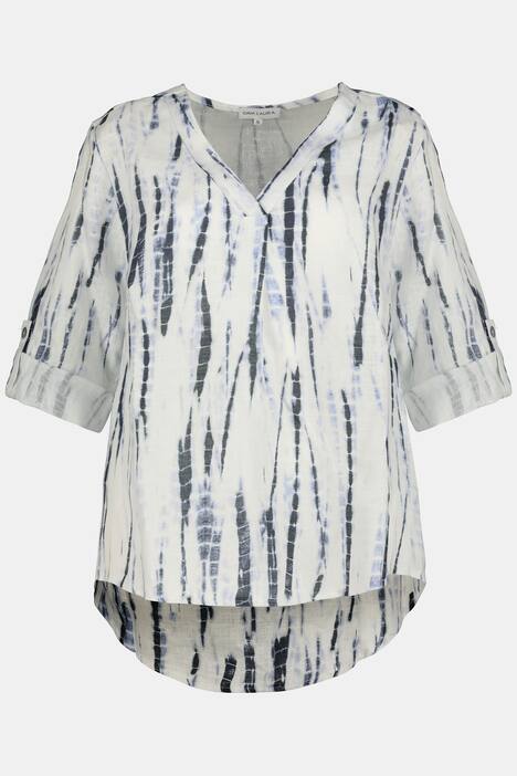 Leinenbluse, Batikdruck, V-Ausschnitt, 3/4-Arm