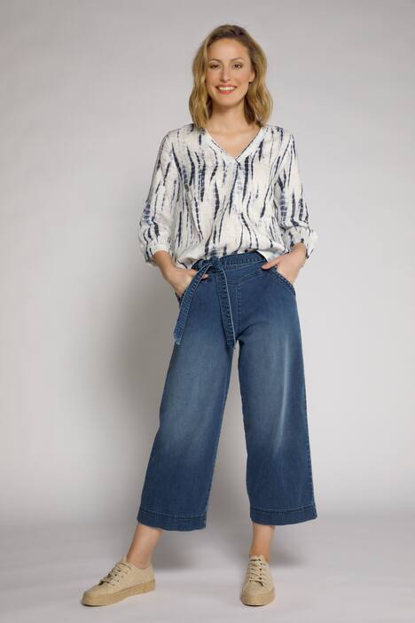 Leinenbluse, Batikdruck, V-Ausschnitt, 3/4-Arm