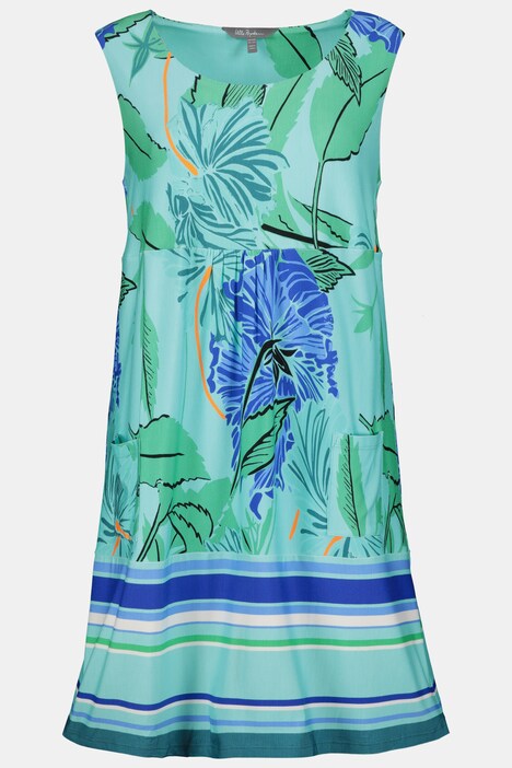 Midikleid, Blüten, Streifen, A-Linie, Rundhals, ärmellos