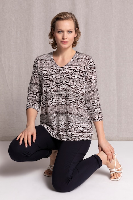 Graphic Print V-Neck Slinky Stretch Knit Top