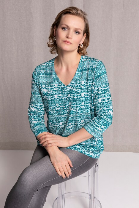 Graphic Print V-Neck Slinky Stretch Knit Top